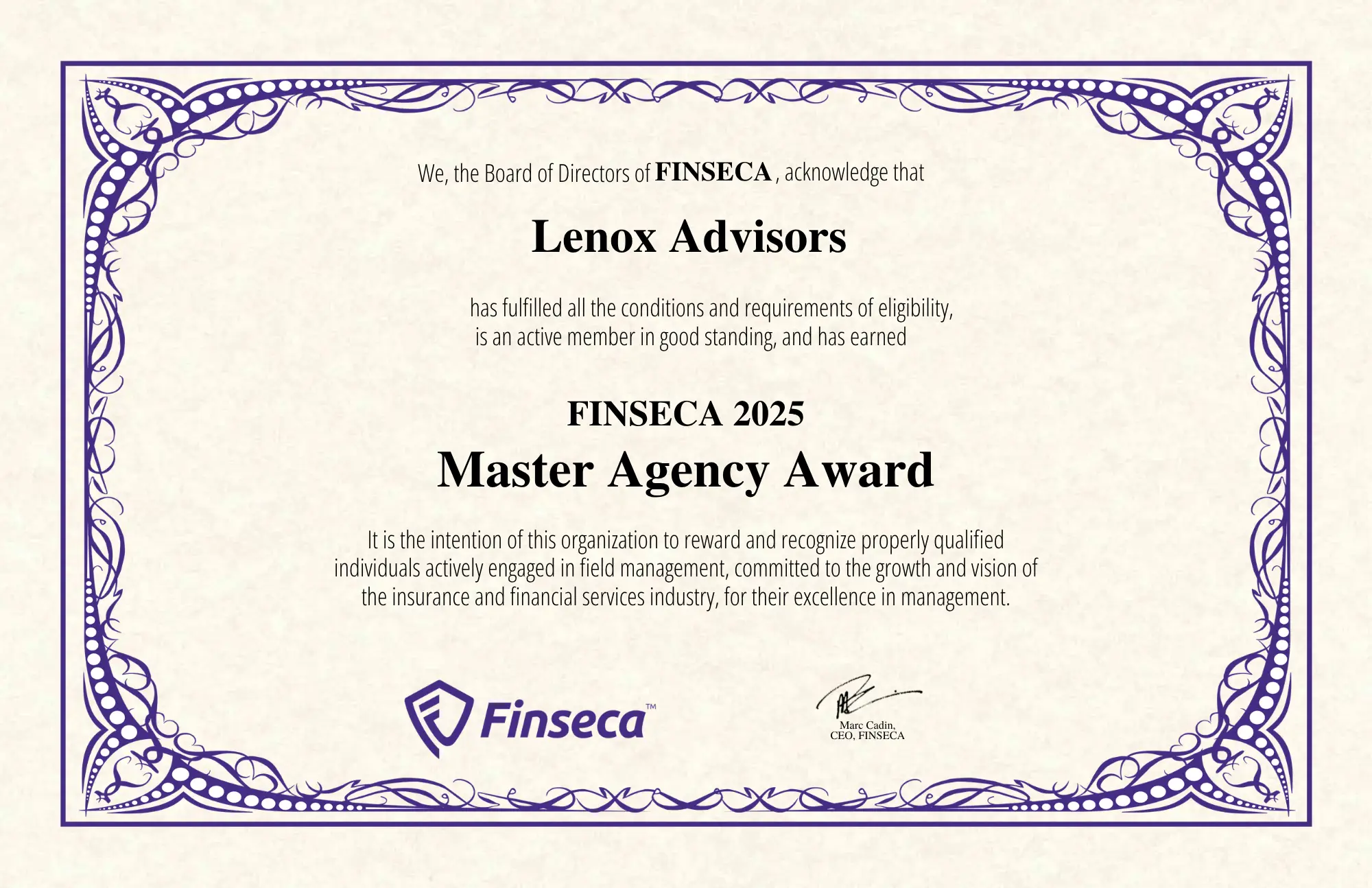 Certificate from Finseca awarding Lenox Advisors with the Master Agency Award for 2025